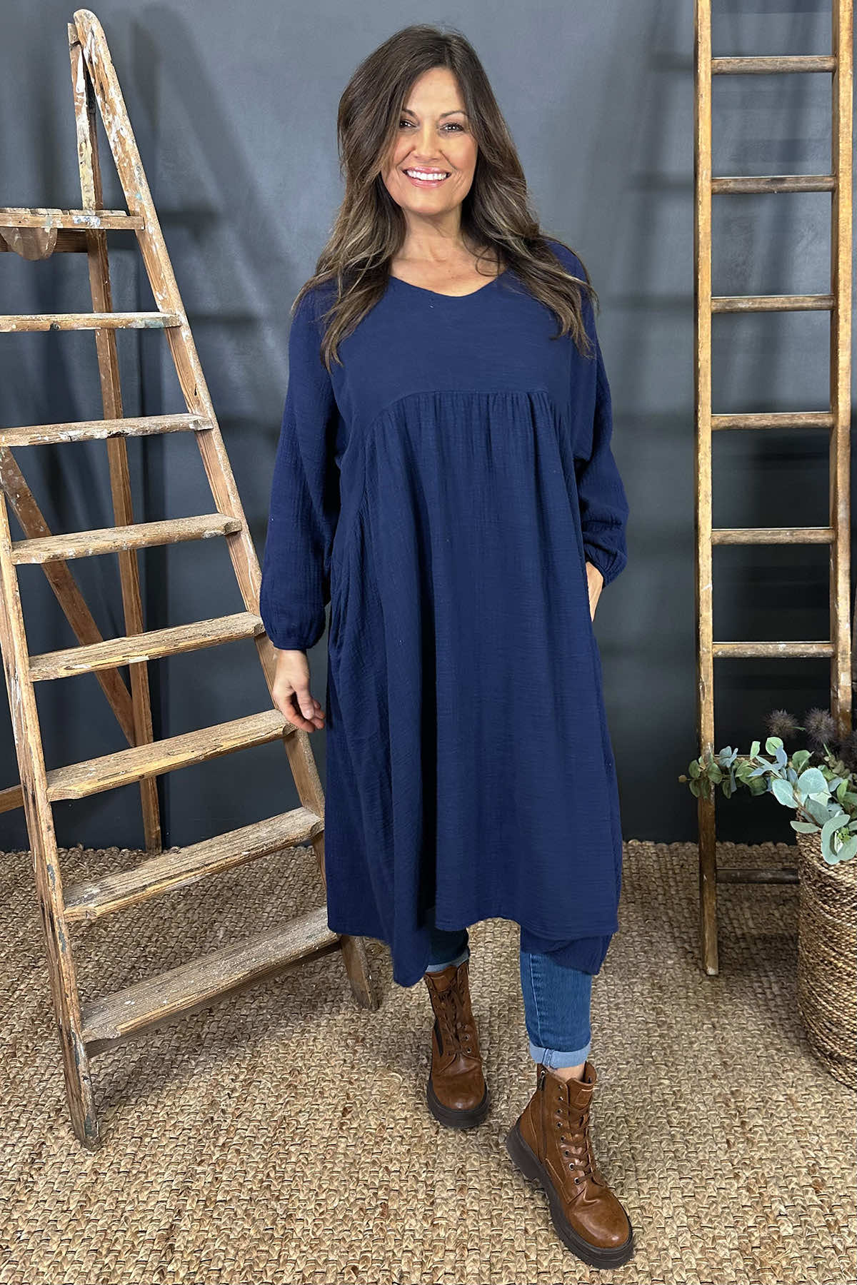 Indie V-Neck Cotton Dress Navy