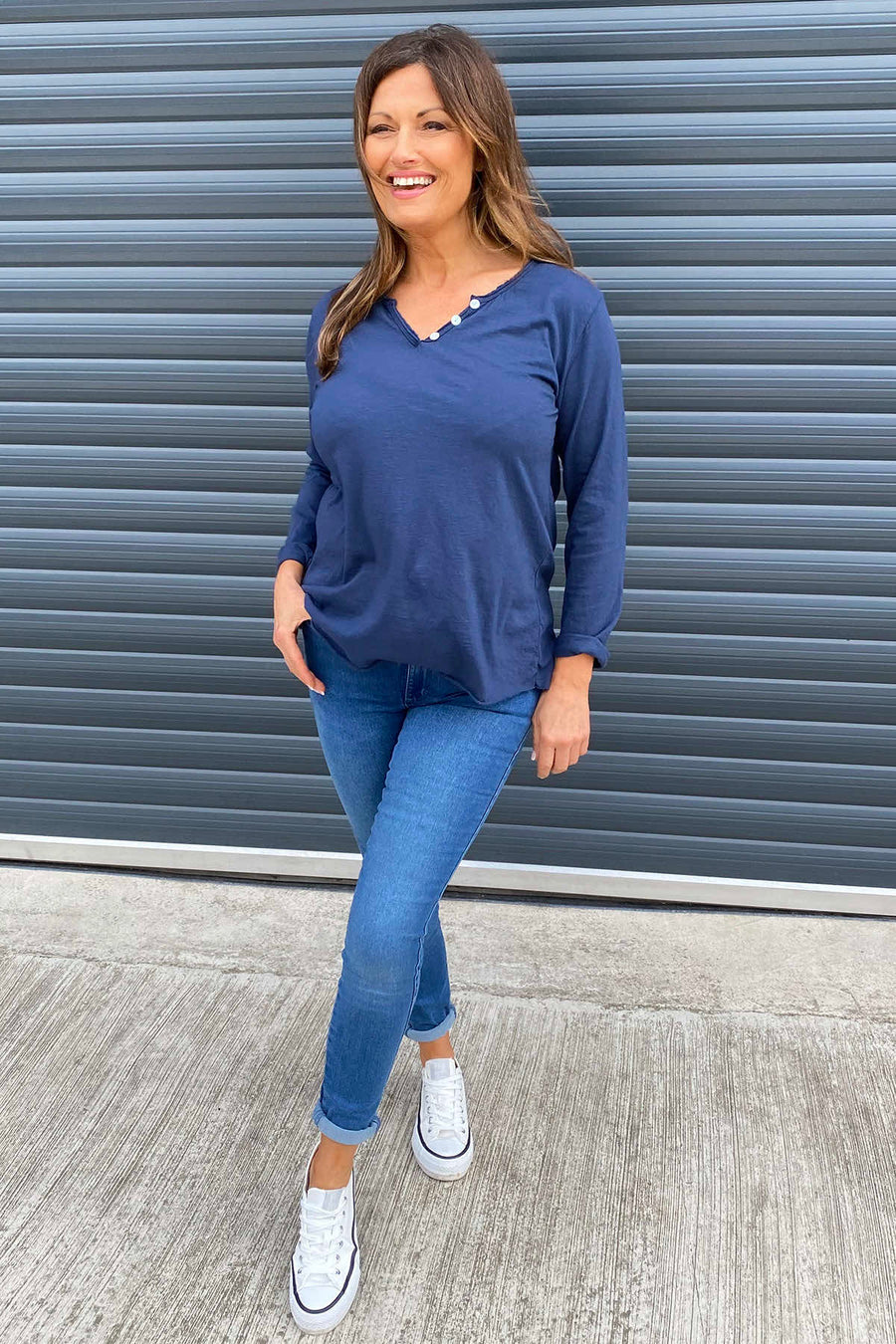 Briella V-Neck Cotton Top Navy