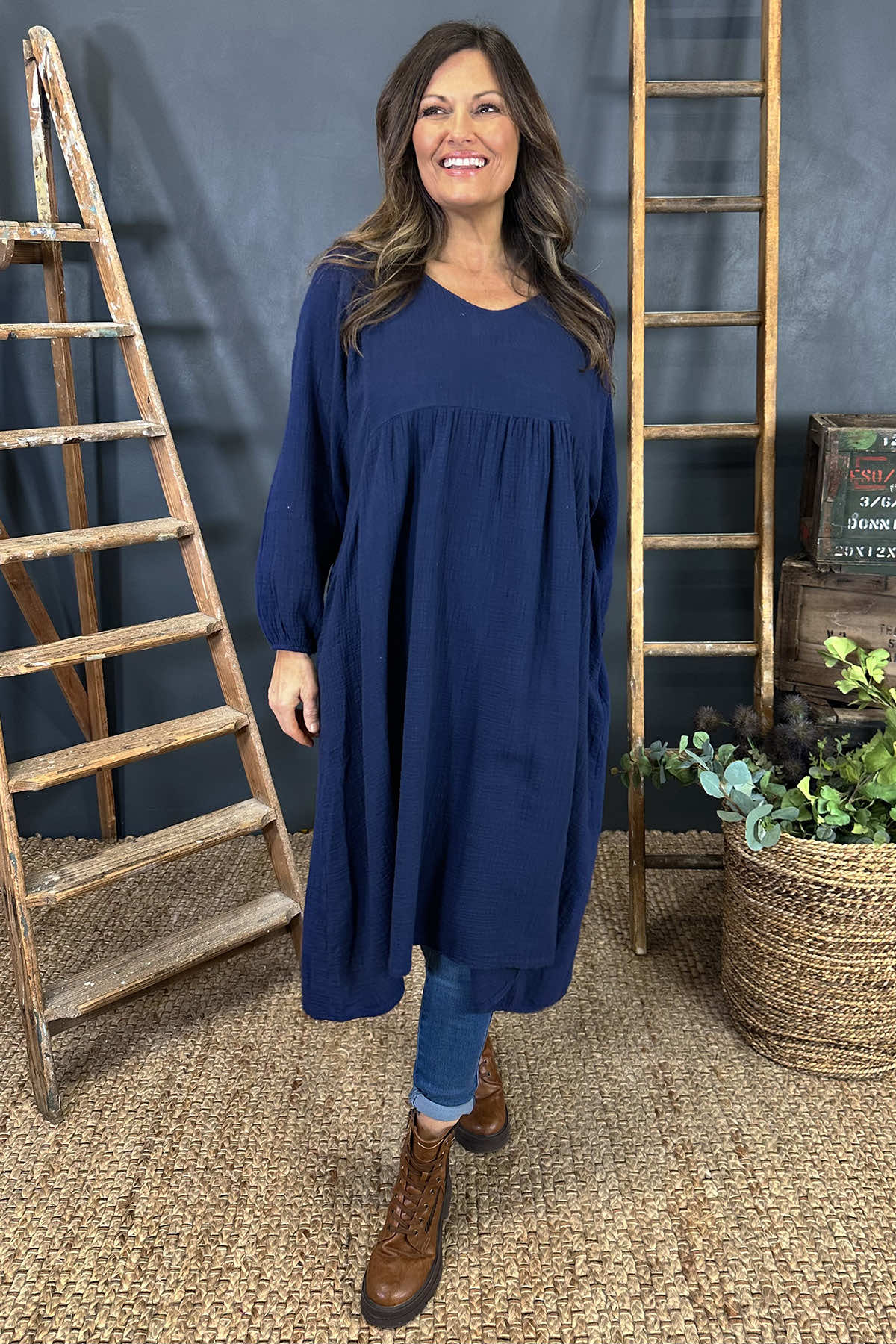 Indie V-Neck Cotton Dress Navy