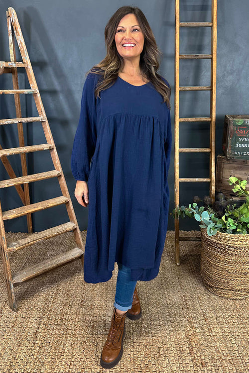 Indie V-Neck Cotton Dress Navy - Image 3