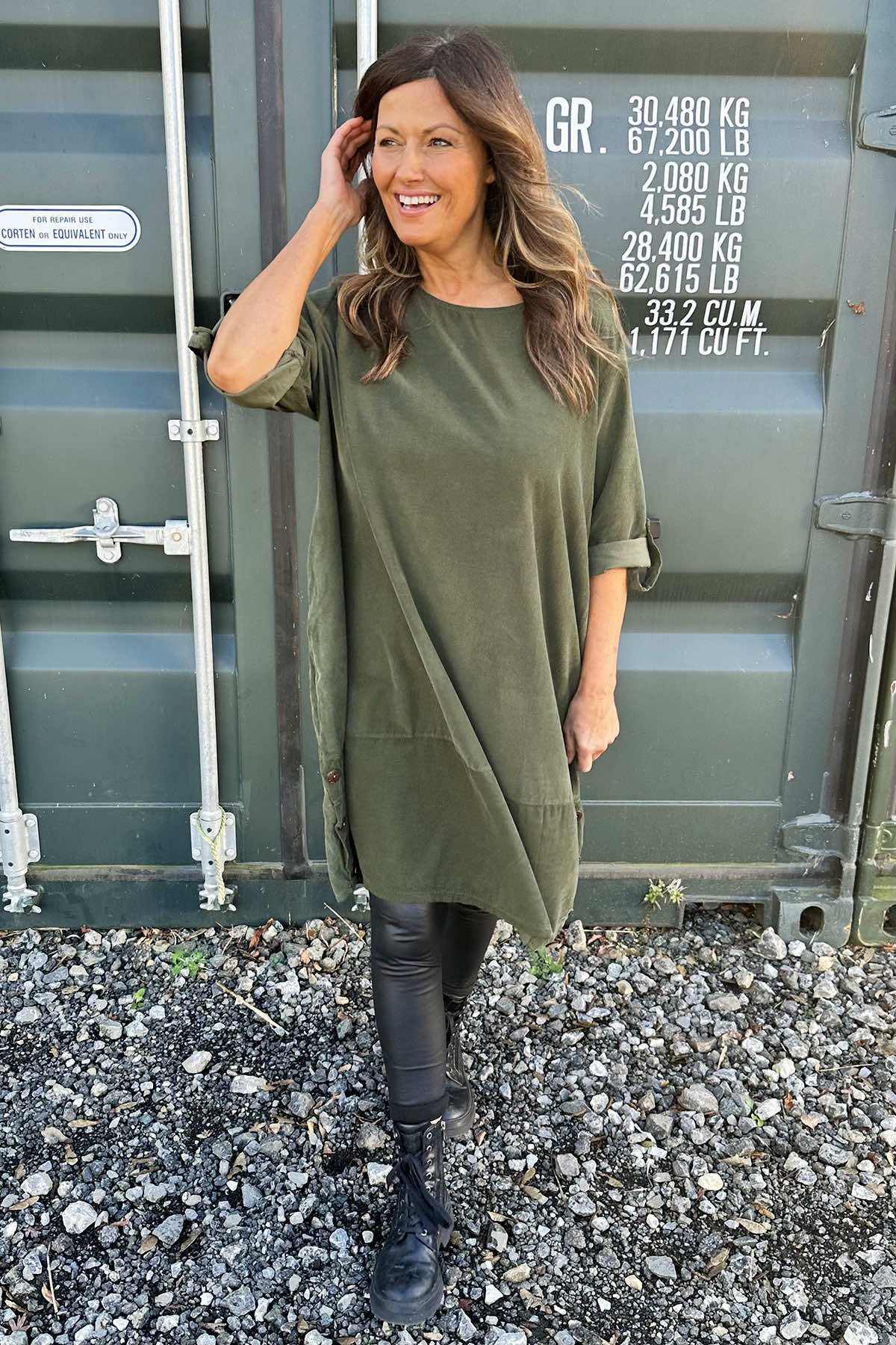 Deborah Needlecord Dress Khaki