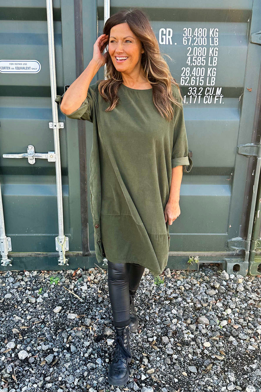 Deborah Needlecord Dress Khaki