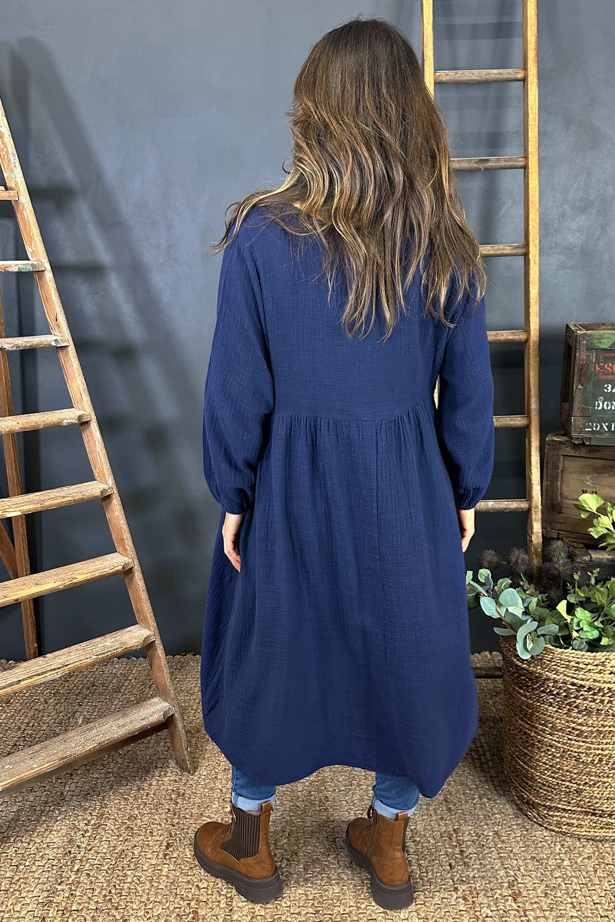 Indie V-Neck Cotton Dress Navy