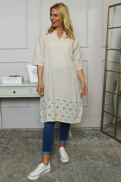 Gabrielle Embroidered Linen Dress Stone