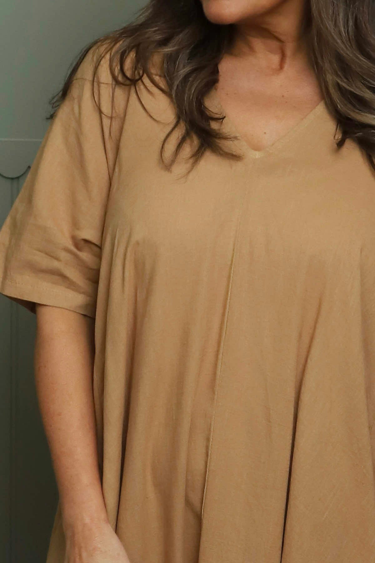 Ellerie V-Neck Linen Dress Camel