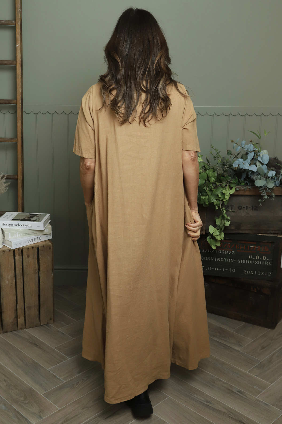 Ellerie V-Neck Linen Dress Camel