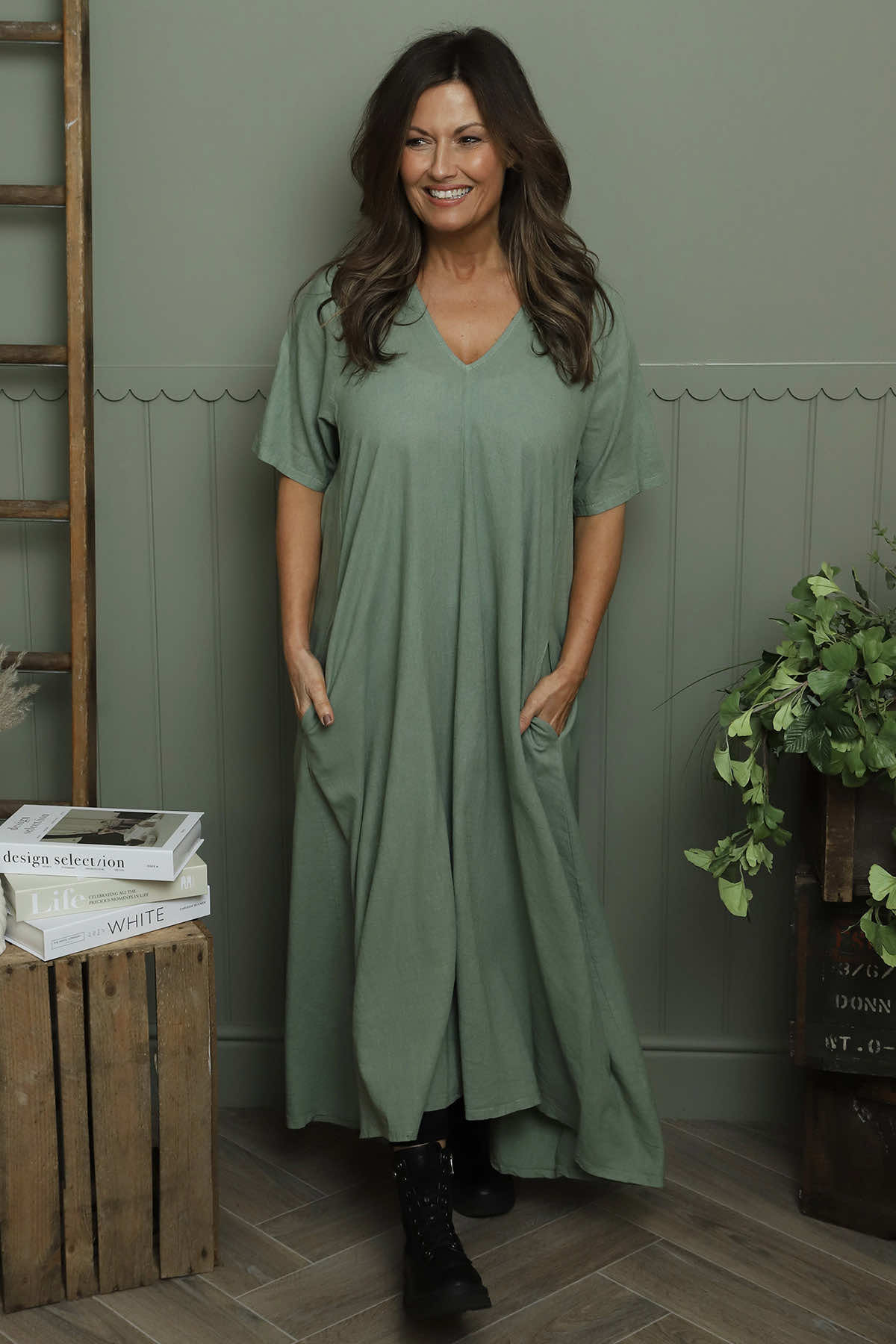 Ellerie V-Neck Linen Dress Khaki