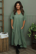 Ellerie V-Neck Linen Dress Khaki Khaki - Ellerie V-Neck Linen Dress Khaki