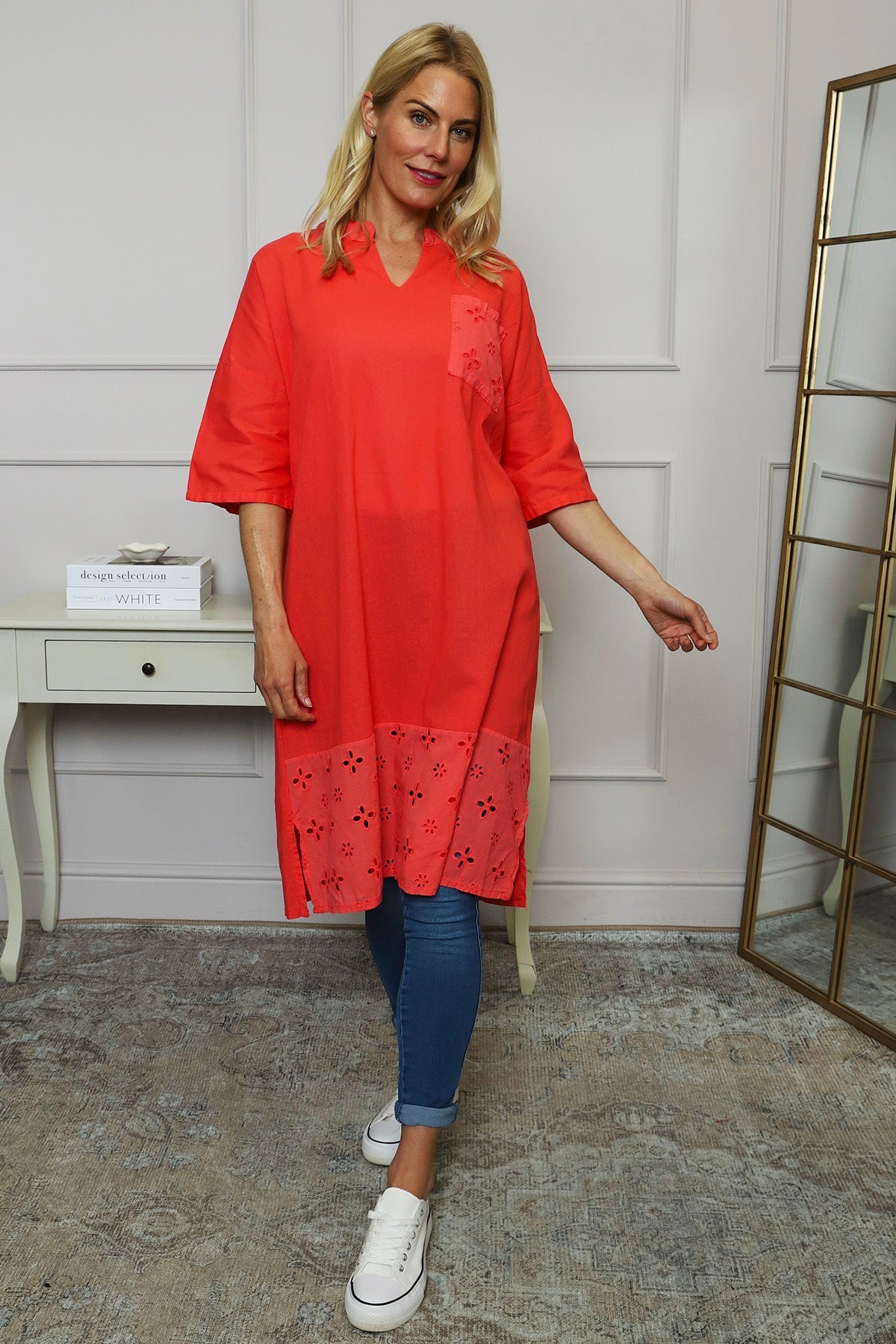 Gabrielle Embroidered Linen Dress Coral