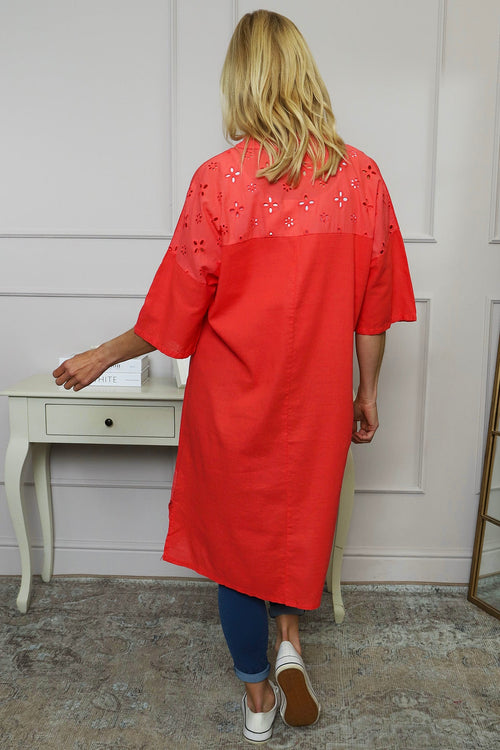 Gabrielle Embroidered Linen Dress Coral - Image 4