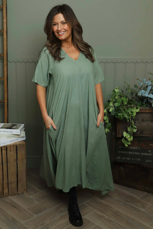 Ellerie V-Neck Linen Dress Khaki - Image 2