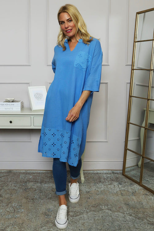 Gabrielle Embroidered Linen Dress Powder Blue - Image 3