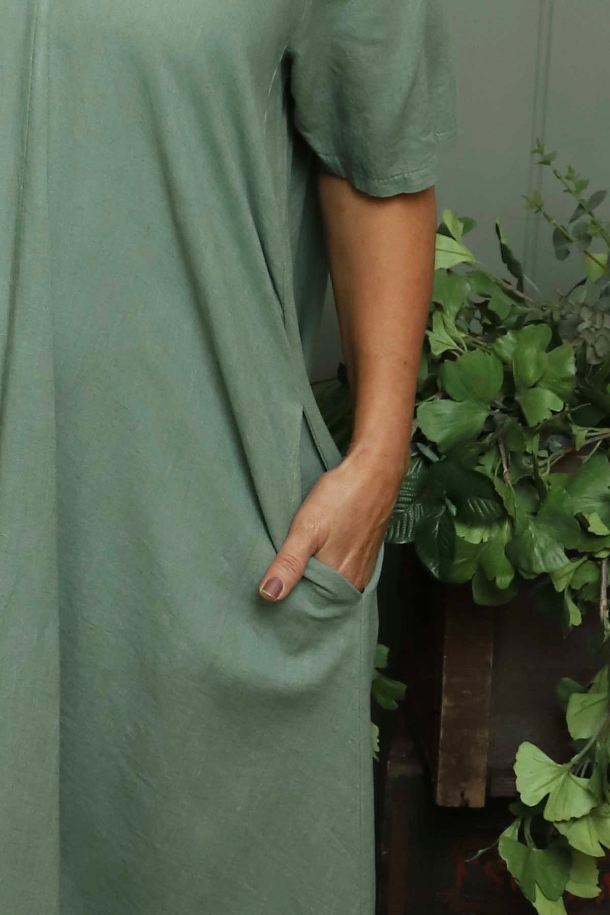 Ellerie V-Neck Linen Dress Khaki