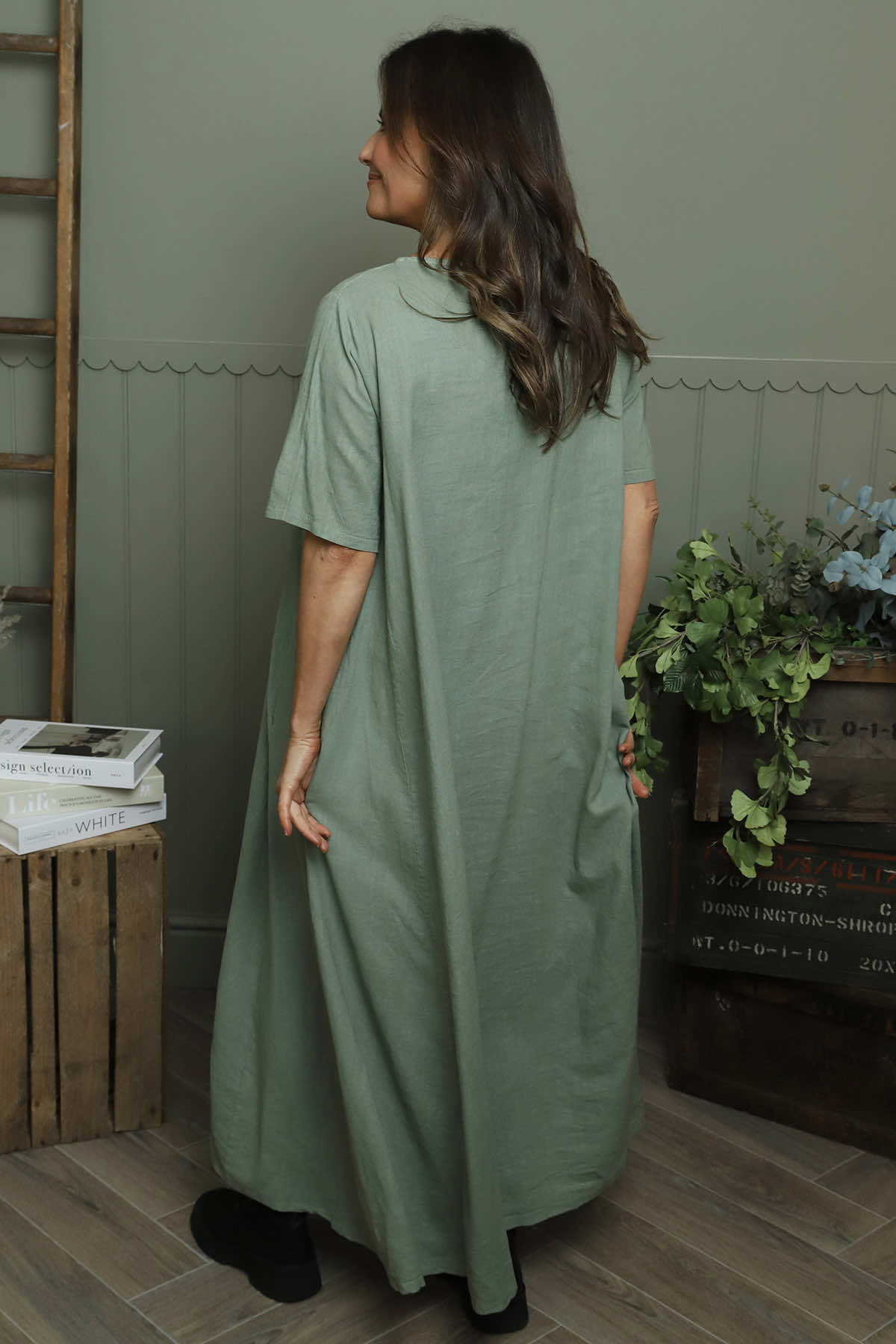 Ellerie V-Neck Linen Dress Khaki