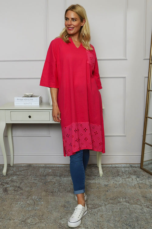 Gabrielle Embroidered Linen Dress Hot Pink - Image 1