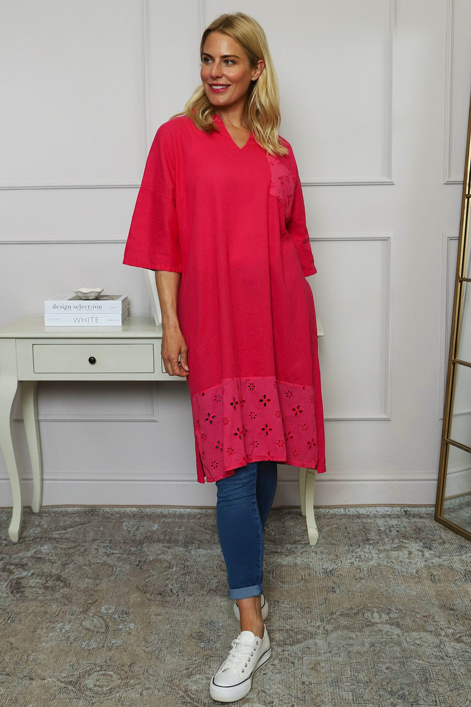 Gabrielle Embroidered Linen Dress Hot Pink