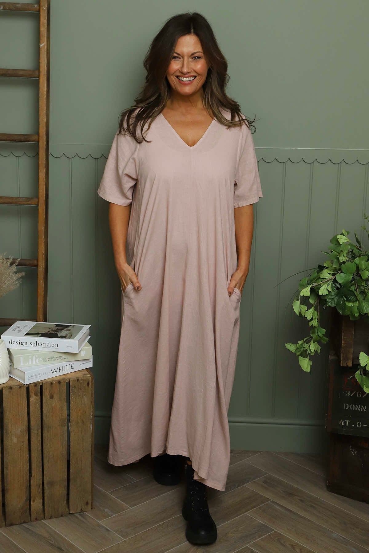 Ellerie V-Neck Linen Dress Pink