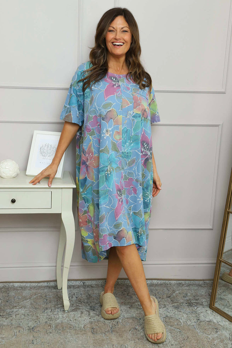 Madeline Floral Print Linen Dress Blue