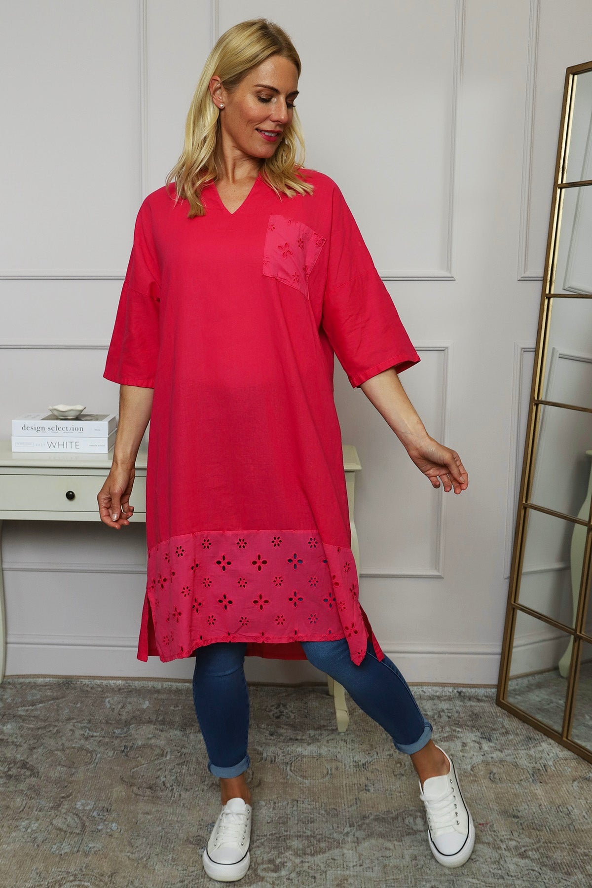 Gabrielle Embroidered Linen Dress Hot Pink