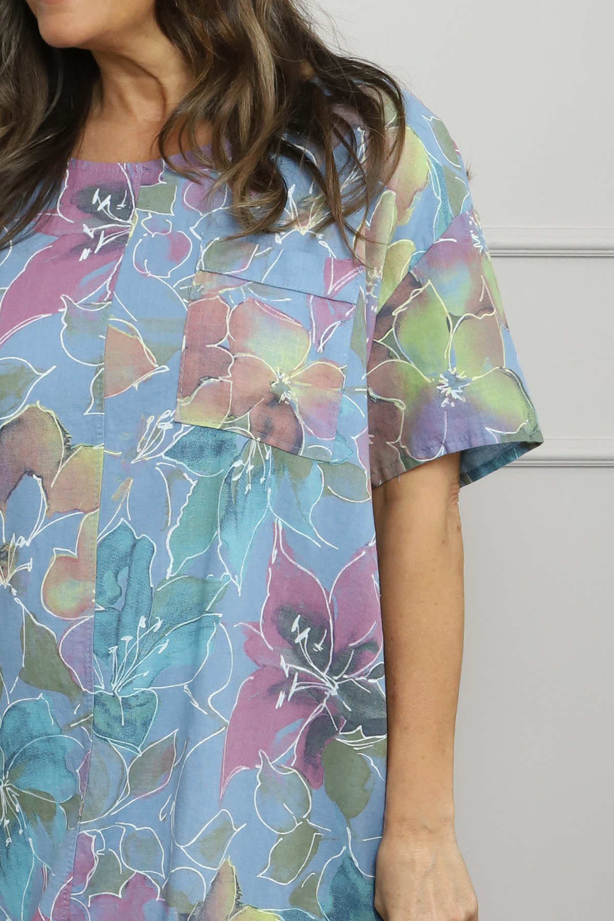 Madeline Floral Print Linen Dress Blue
