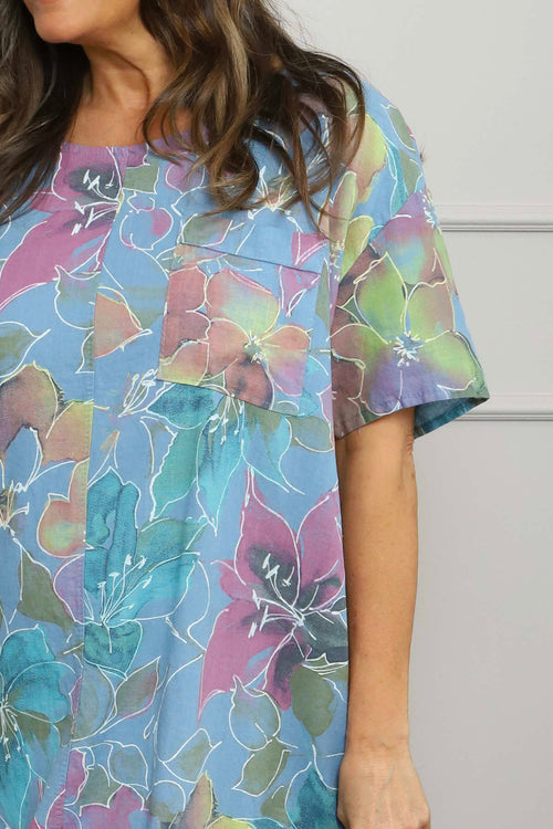 Madeline Floral Print Linen Dress Blue - Image 3