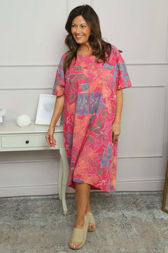 Madeline Floral Print Linen Dress Hot Pink