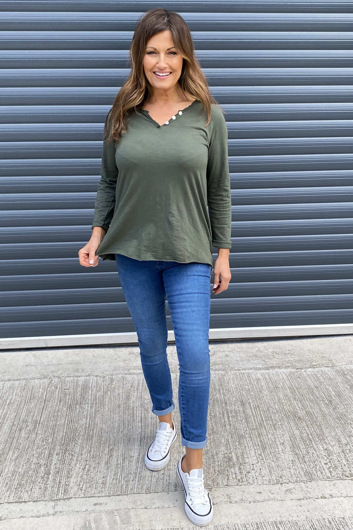 Briella V-Neck Cotton Top Khaki