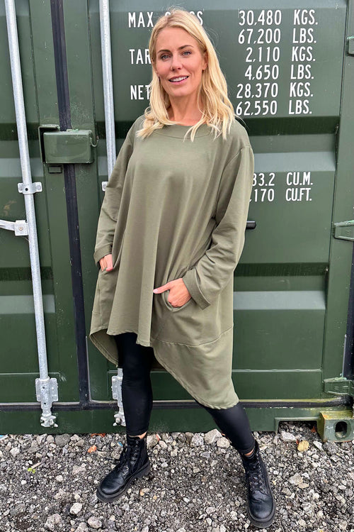 Binky Dipped Hem Cotton Tunic Khaki - Image 1