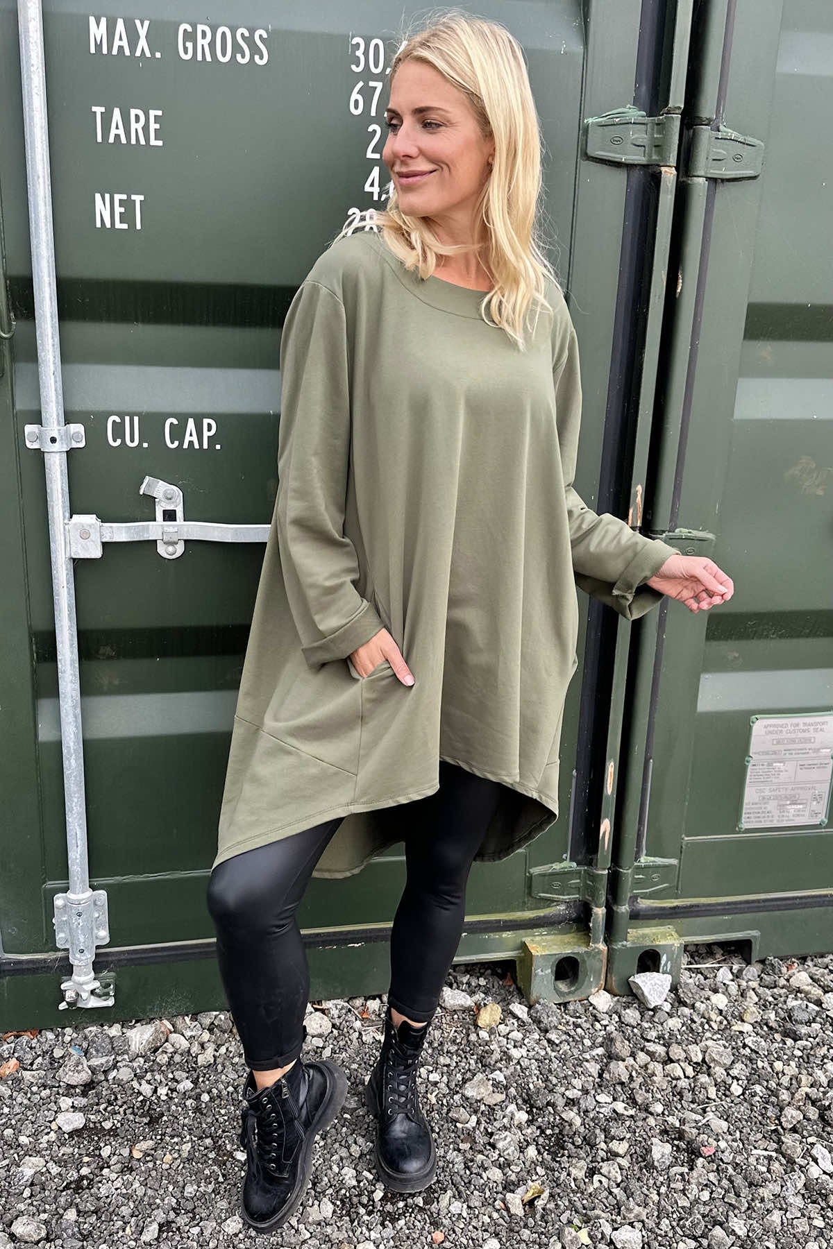 Binky Dipped Hem Cotton Tunic Khaki