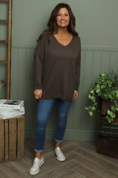 Josephine V-Neck Knitted Jumper Dark Mocha - Image 2