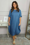 Tasha Cowl Neck Linen Dress Blue