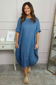 Tasha Cowl Neck Linen Dress Blue