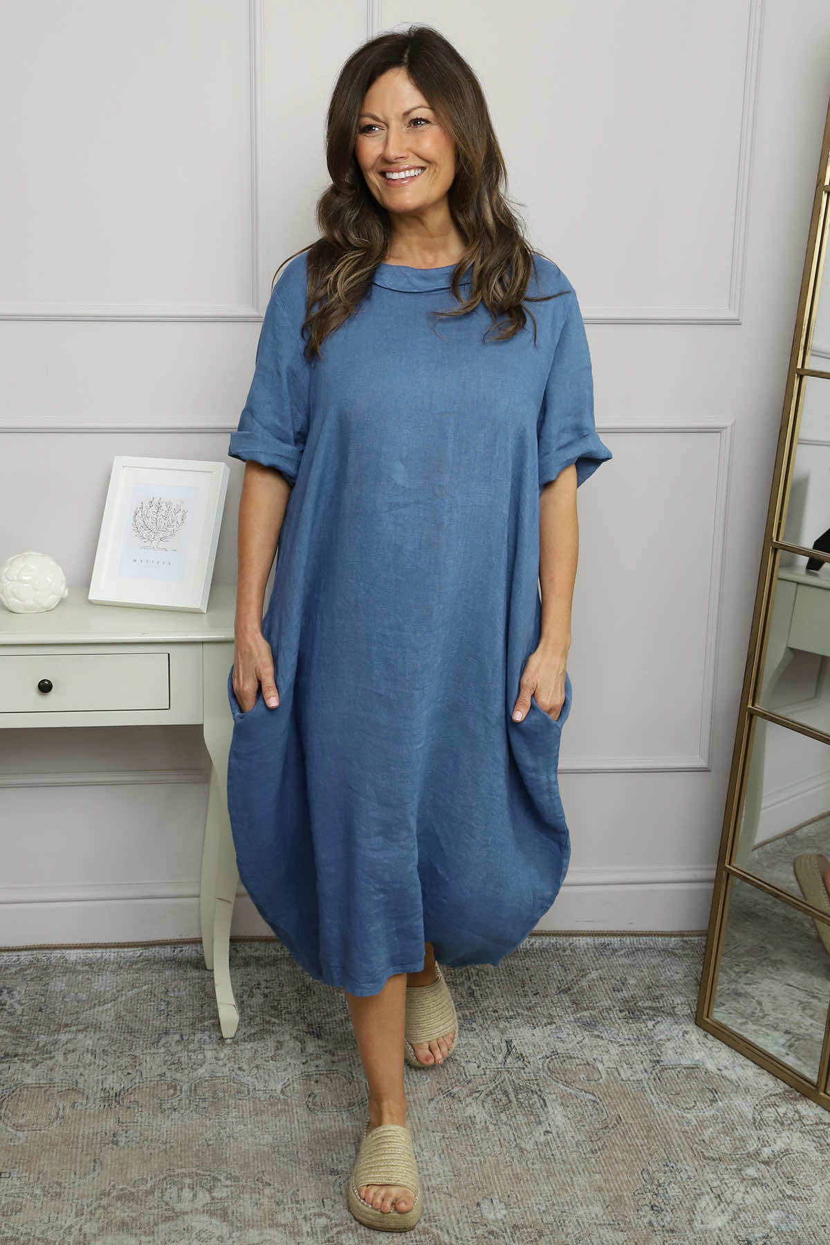 Tasha Cowl Neck Linen Dress Blue