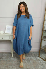Tasha Cowl Neck Linen Dress Blue Blue - Tasha Cowl Neck Linen Dress Blue