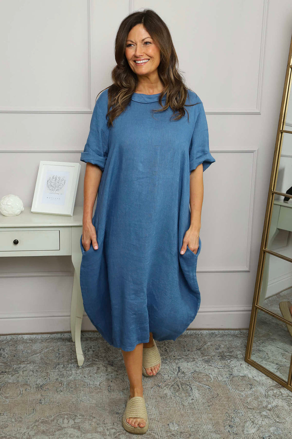 Tasha Cowl Neck Linen Dress Blue