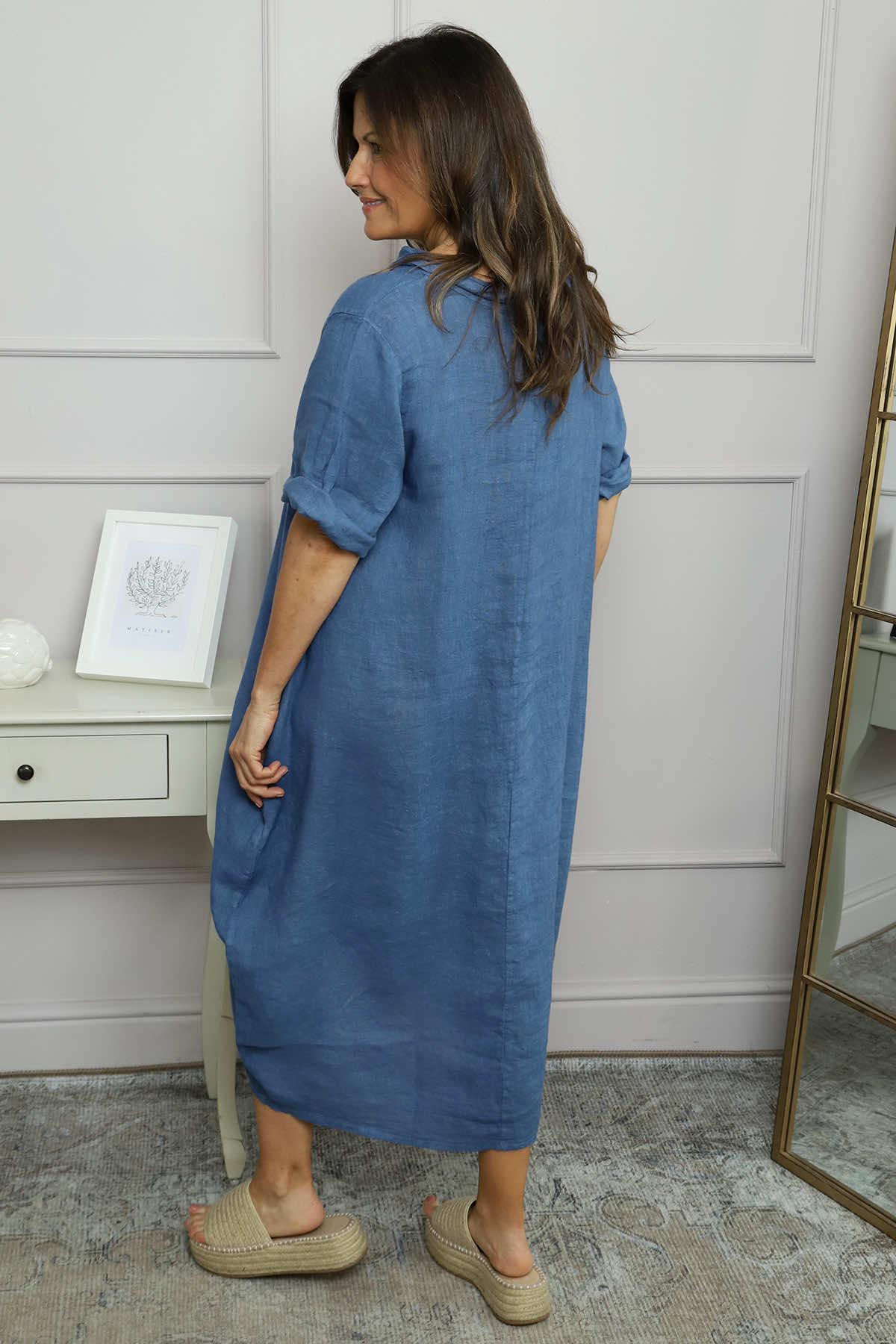 Tasha Cowl Neck Linen Dress Blue