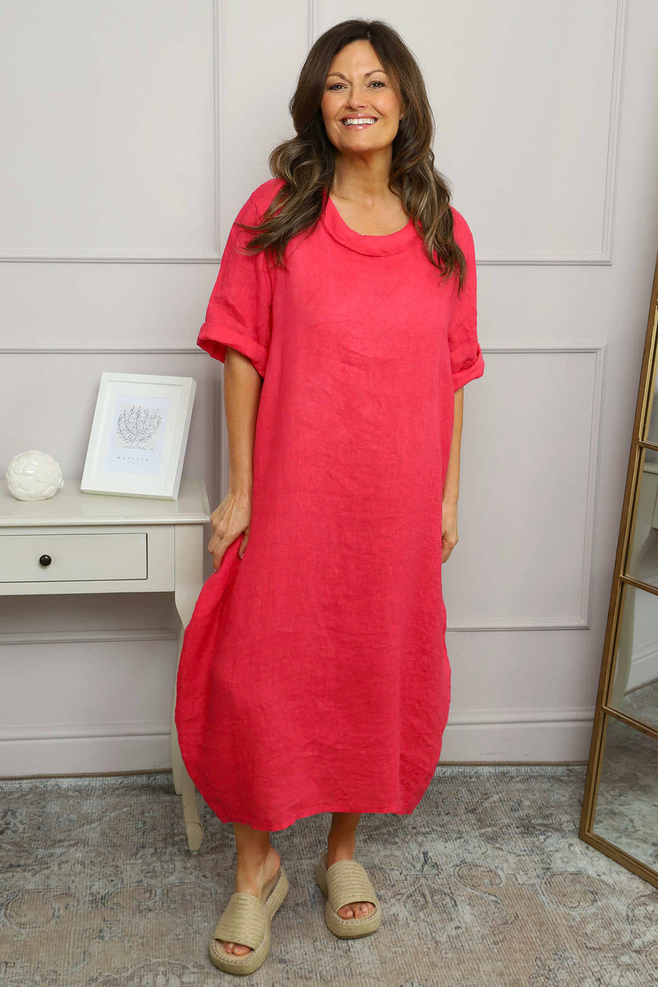 Tasha Cowl Neck Linen Dress Hot Pink