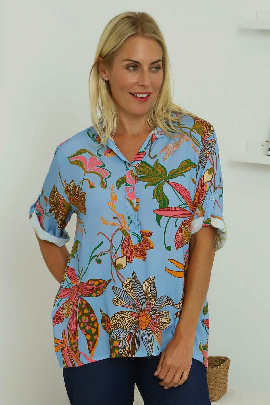 Avis Botanical Print Top Powder Blue