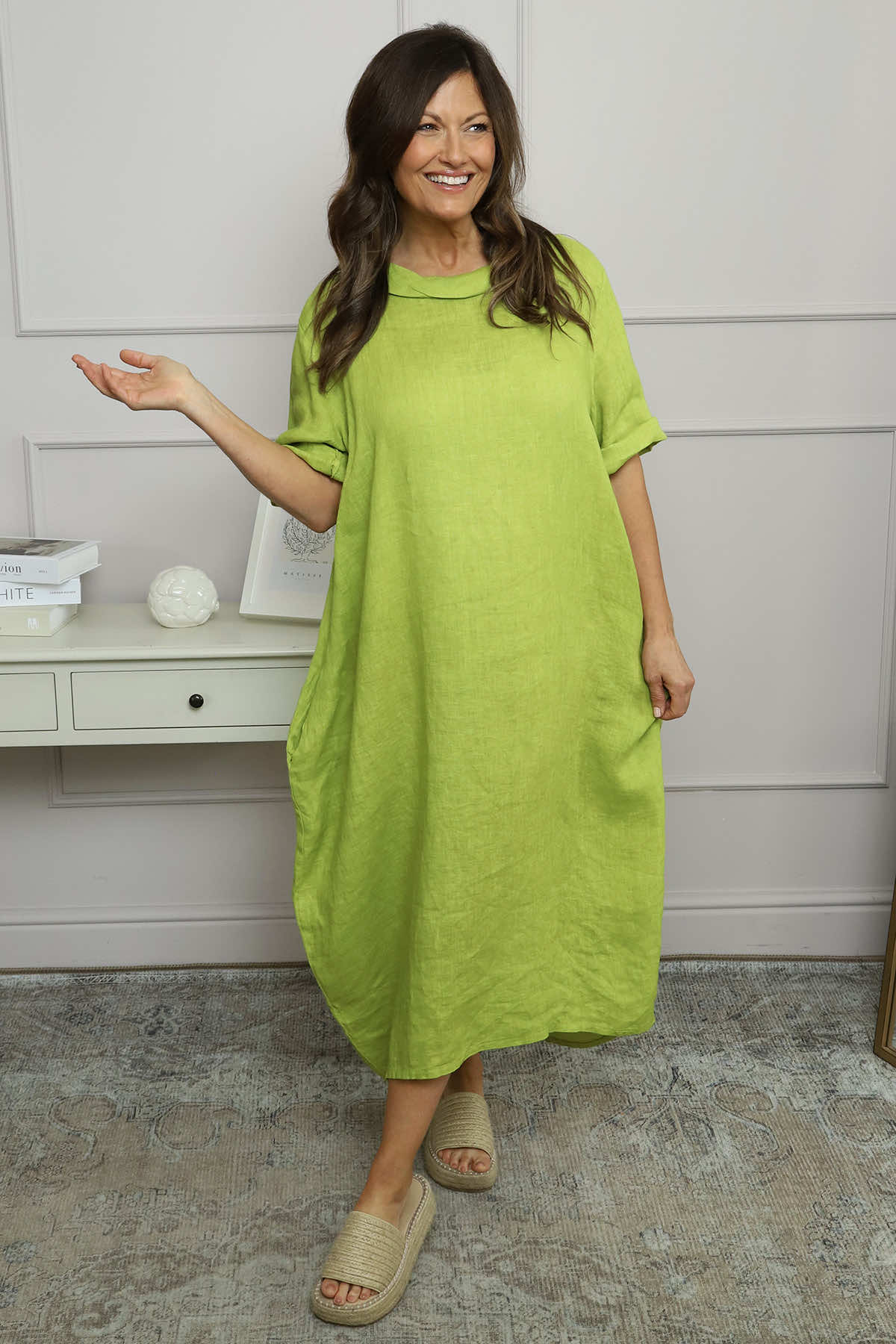 Tasha Cowl Neck Linen Dress Olive