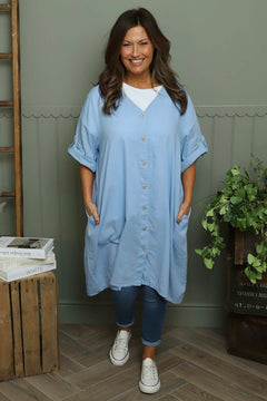 Alicia Button Linen Jacket Light Blue