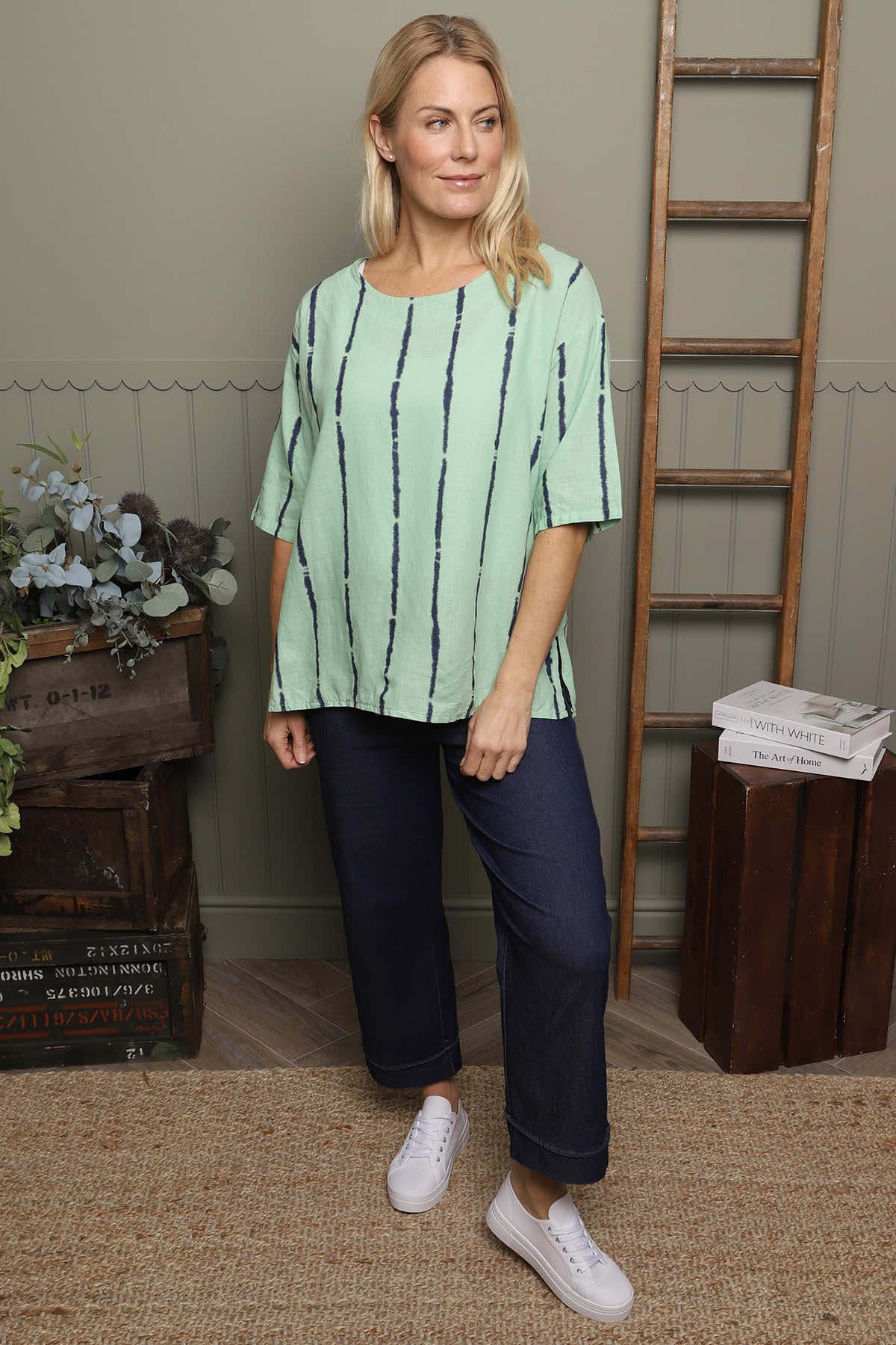 Kalia Stripe Linen Top Green
