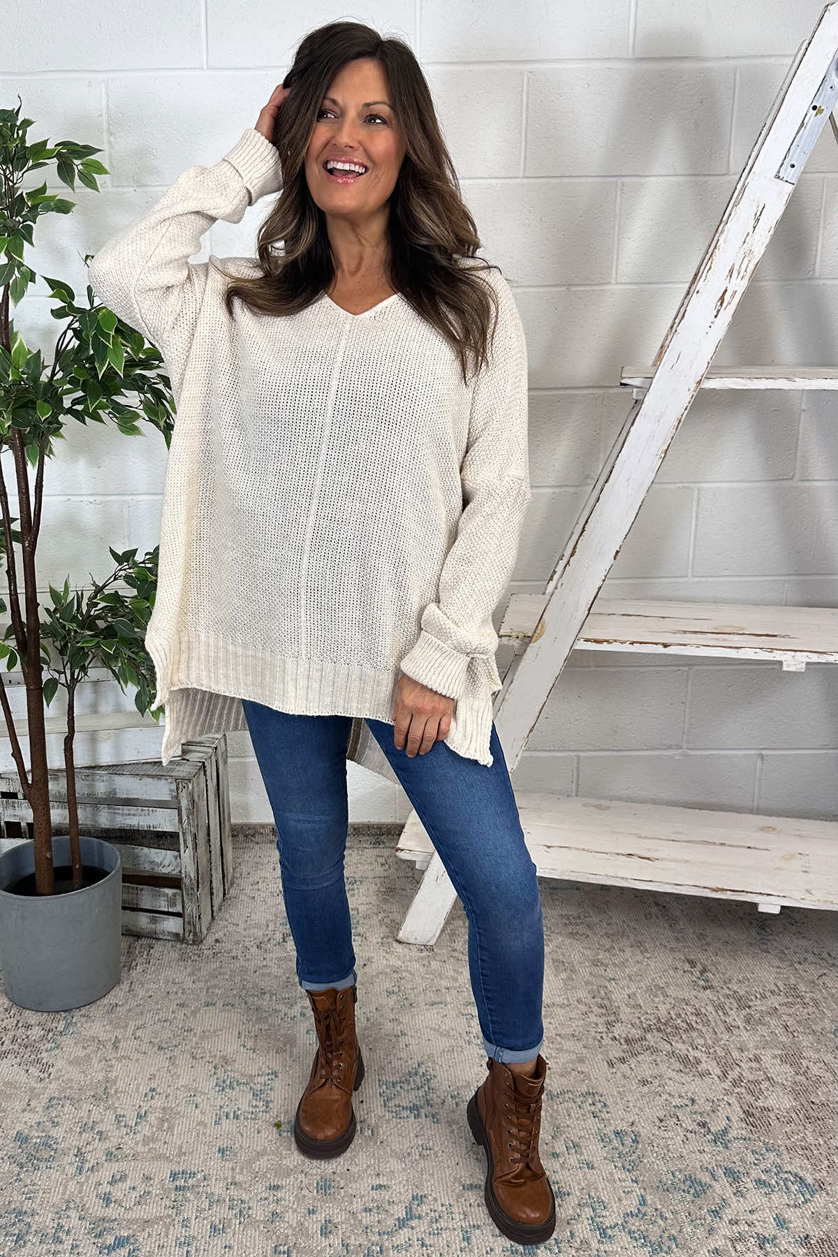 Bo Slouch V-Neck Jumper Stone