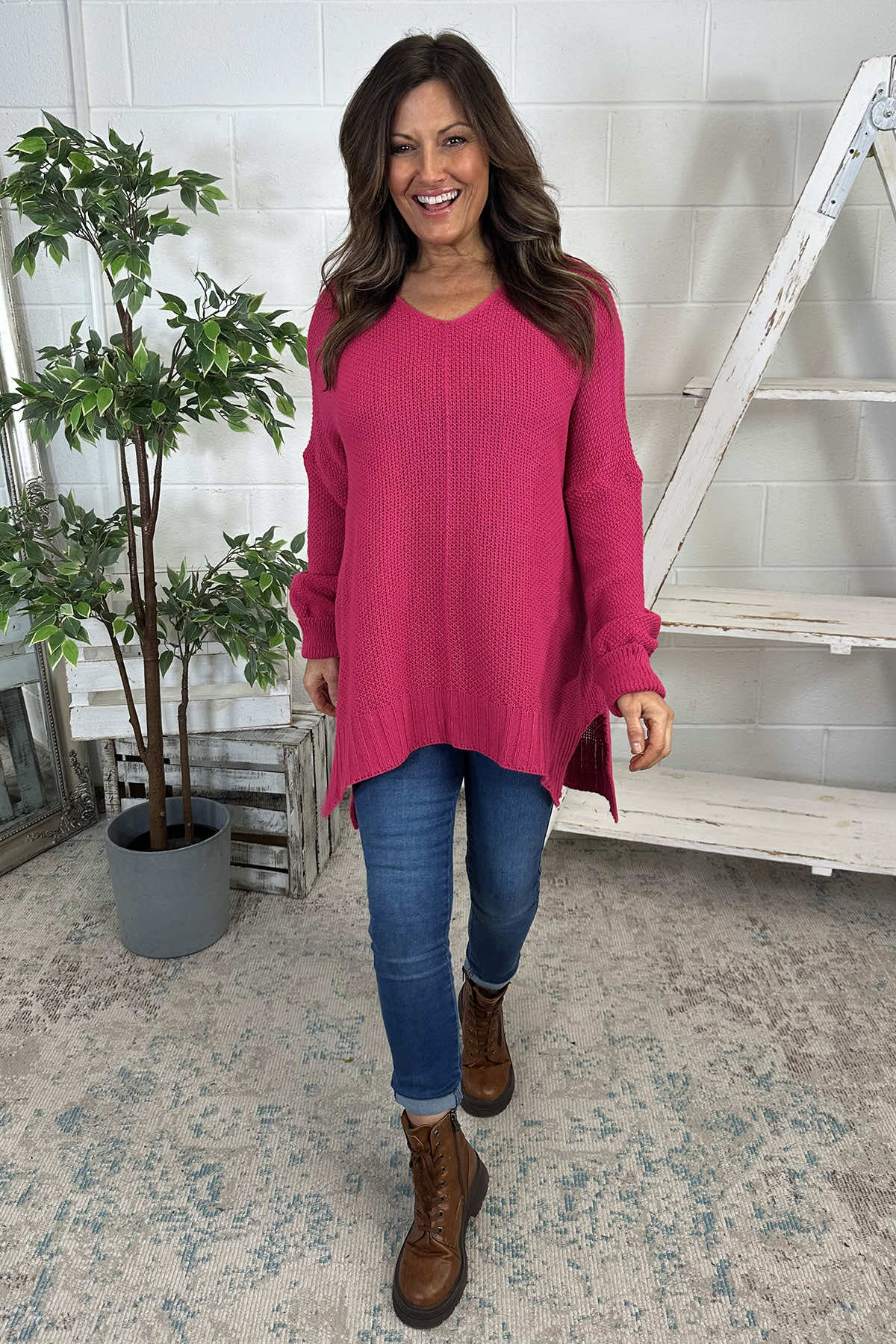 Bo Slouch V-Neck Jumper Hot Pink