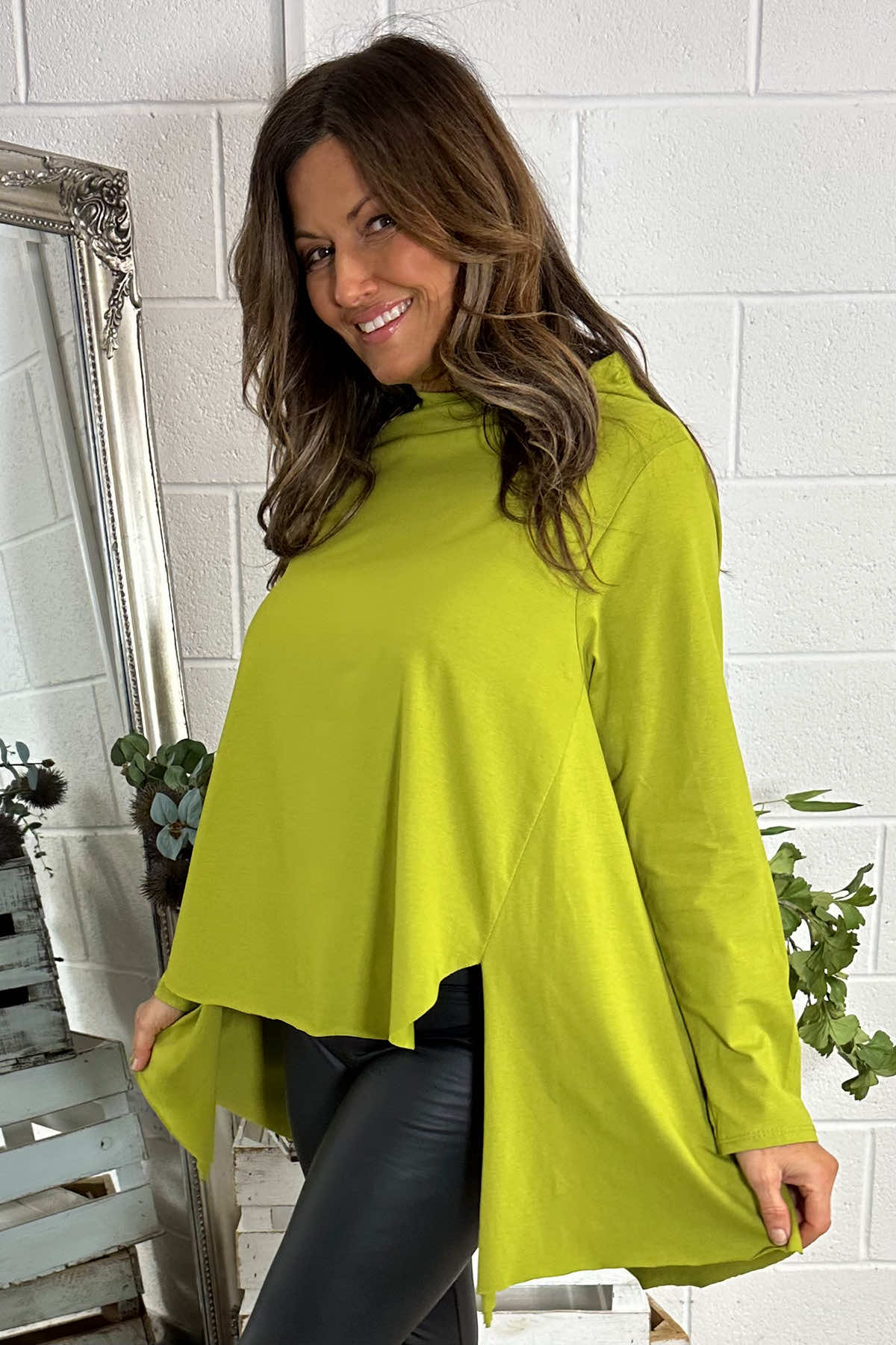 Della Cowl Neck Cotton Top Lime