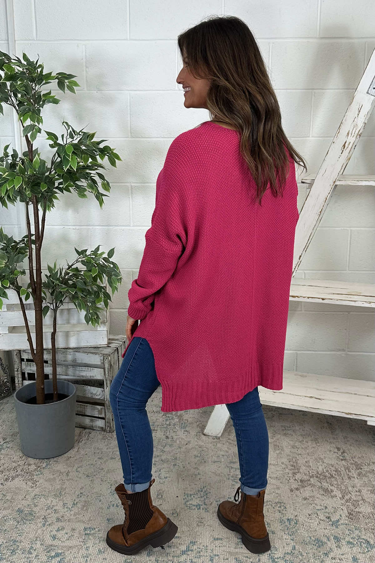 Bo Slouch V-Neck Jumper Hot Pink