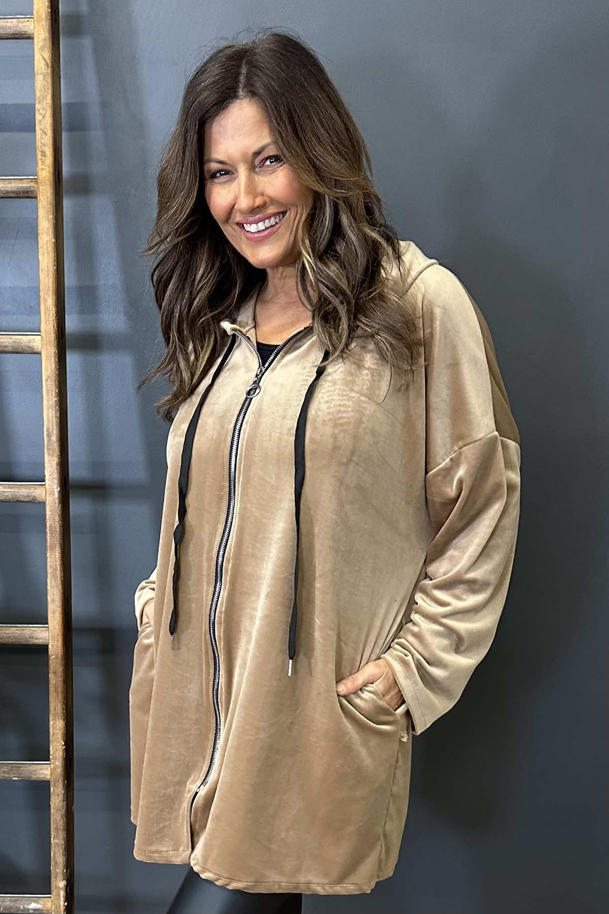 Tessa Velour Hooded Zip Jacket Camel