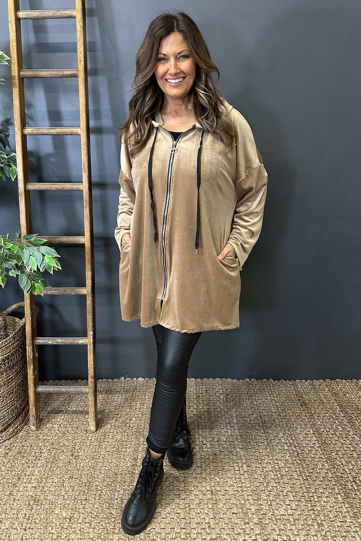 Tessa Velour Hooded Zip Jacket Camel