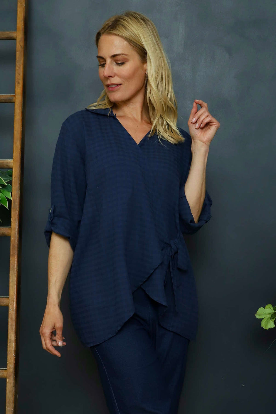 Shyla Check Wrap Top Navy