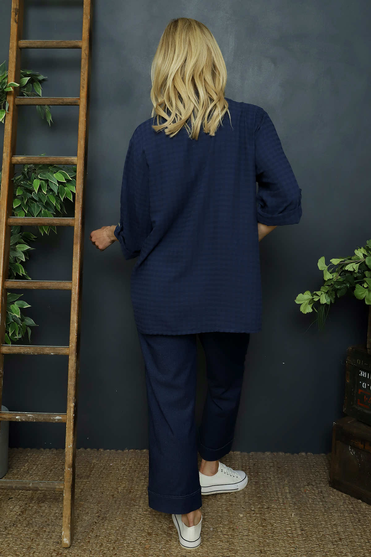 Shyla Check Wrap Top Navy