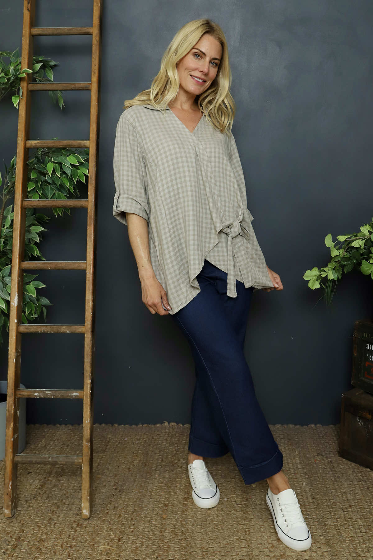Shyla Check Wrap Top Mocha